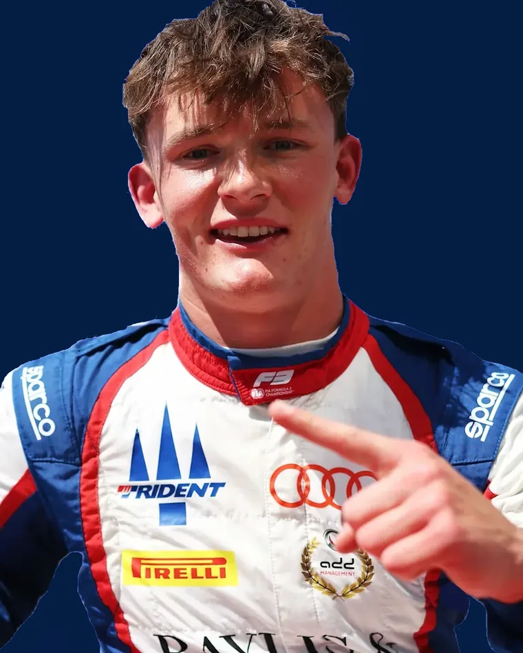 Freddie Slater in his Trident overalls, showing the Audi rings on his race suit