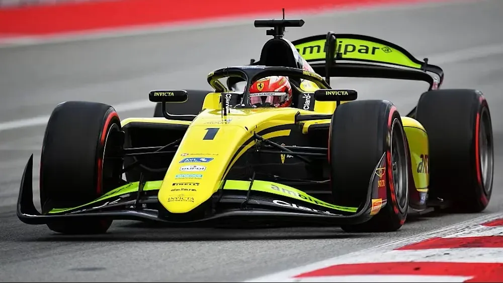 Rafael Câmara's number 1 Invicta Racing Formula 2 car on track